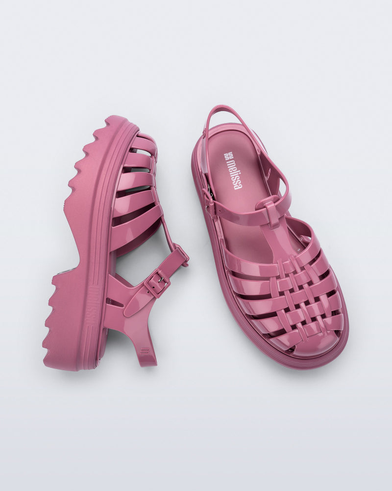 Side and top view of a pair of lilac Possession Platform II fisherman sandals