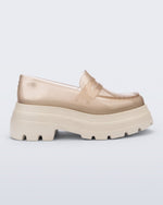 Side view of a transparent beige Royal High + Undercover platform loafer with beige sole.