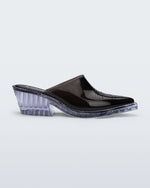 Side view of a black with clear heel Texas Mule heel
