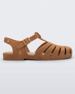 Side view of a beige flocked Melissa Possession Velvet sandal.