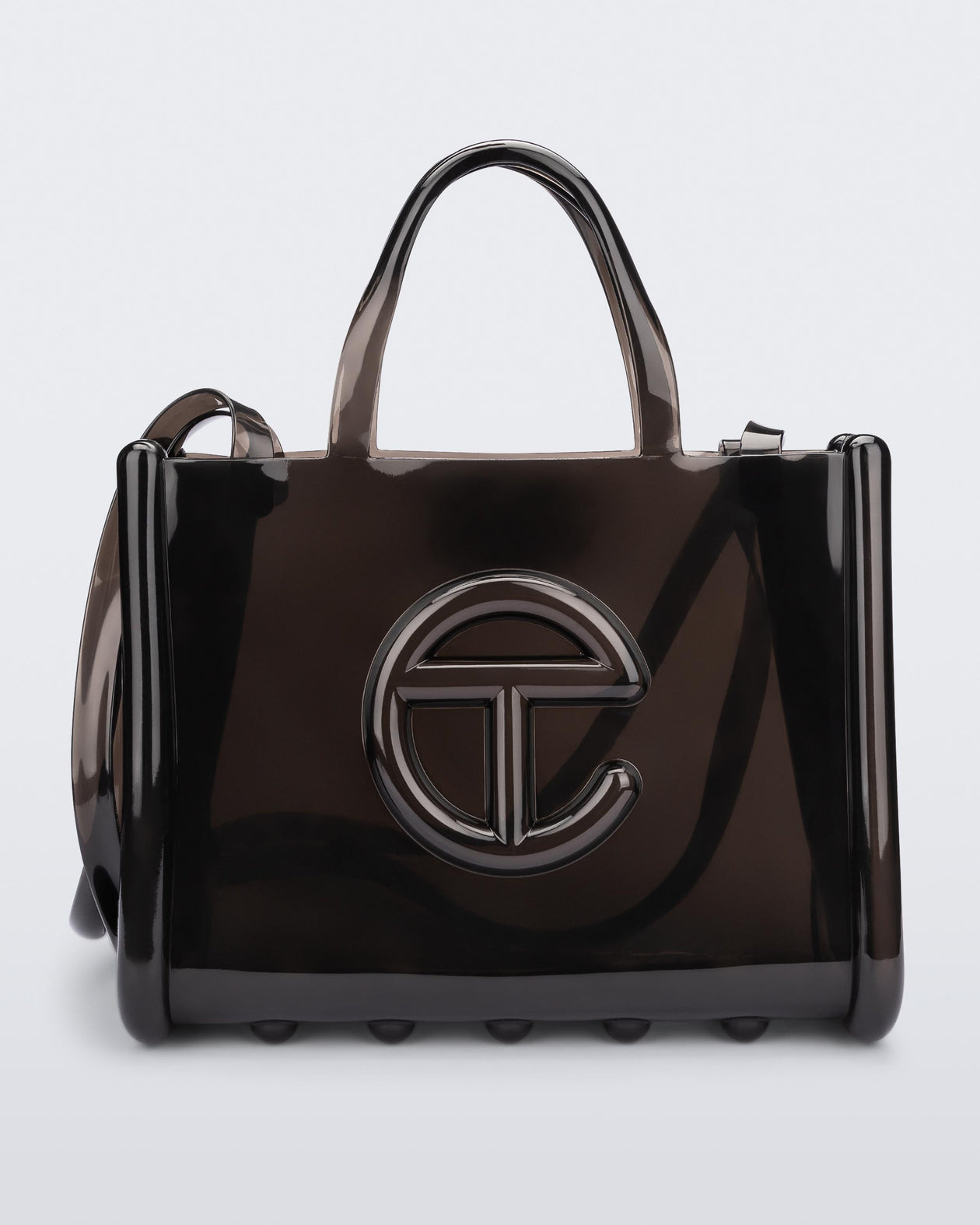 Front view of a black medium Melissa Jelly Shopper bag + Telfar bag with a handle and straps.
