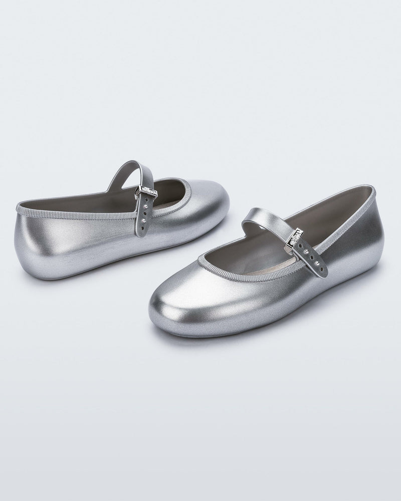 Angled view of a pair of silver Soft Ballerinas