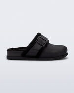Side view of a black Cozy Warm clog with fuzzy insole