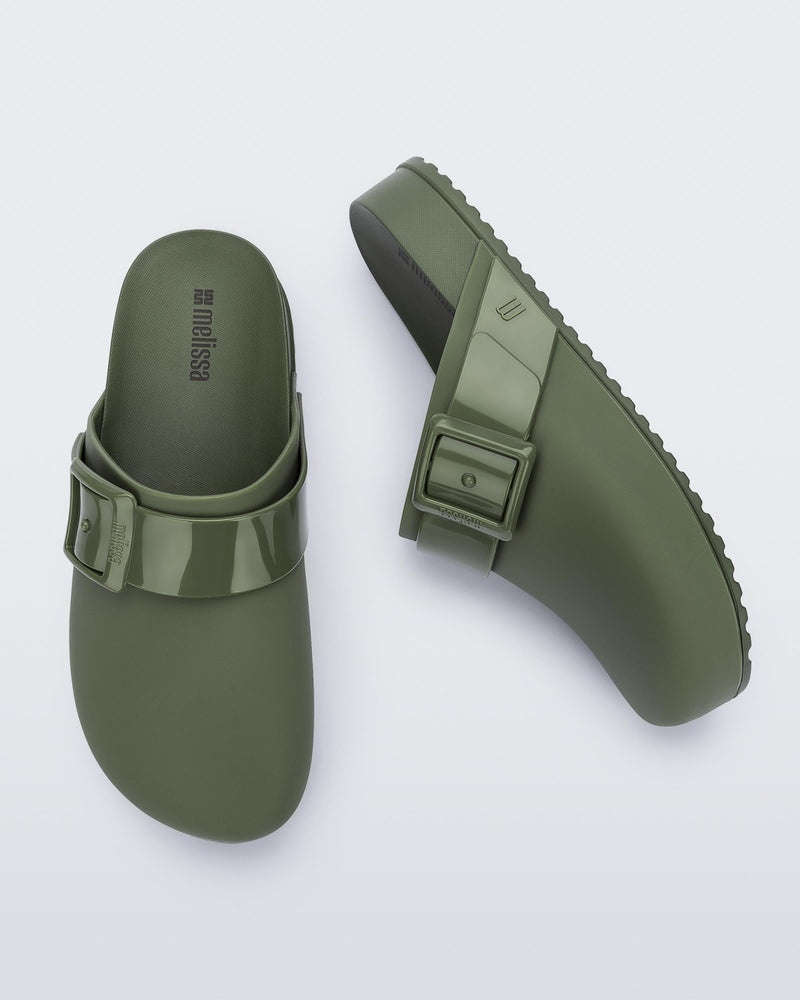 Side and top view of a green Cozy Clog
