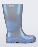Side view of a pearly blue Welly rainboot.