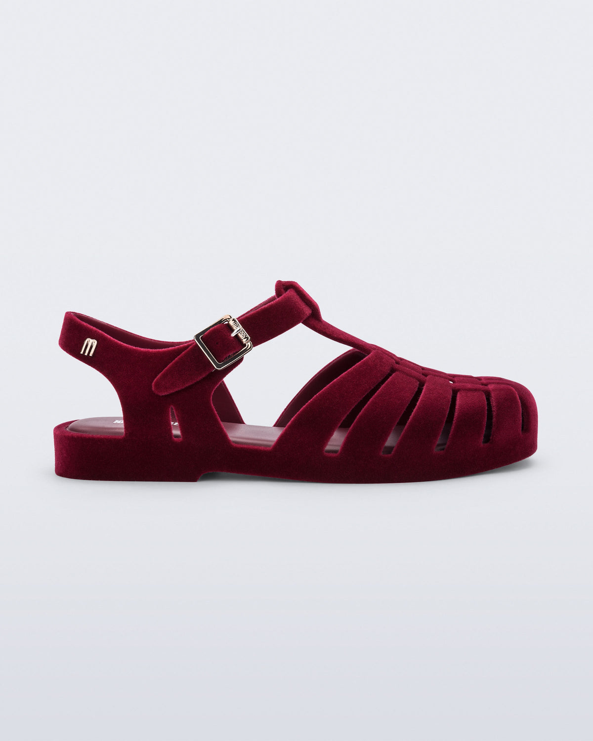 Side view of a flocked red Possession Velvet fisherman sandal