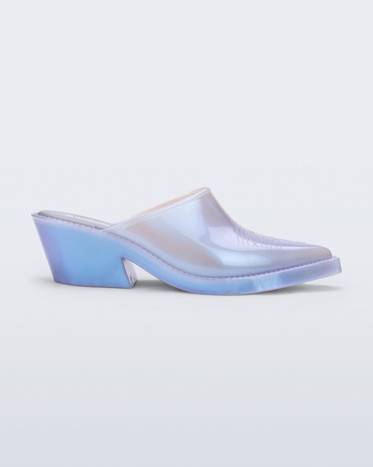 Side view of a pearly blue Texas Mule heel