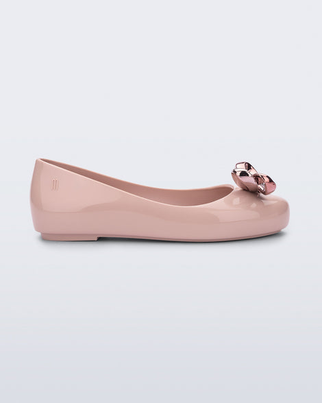 Side view of a pink Sweet Love Glam kids ballerina flats with bow