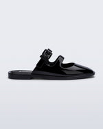 Side view of a black Anastasia mule slide with upper straps
