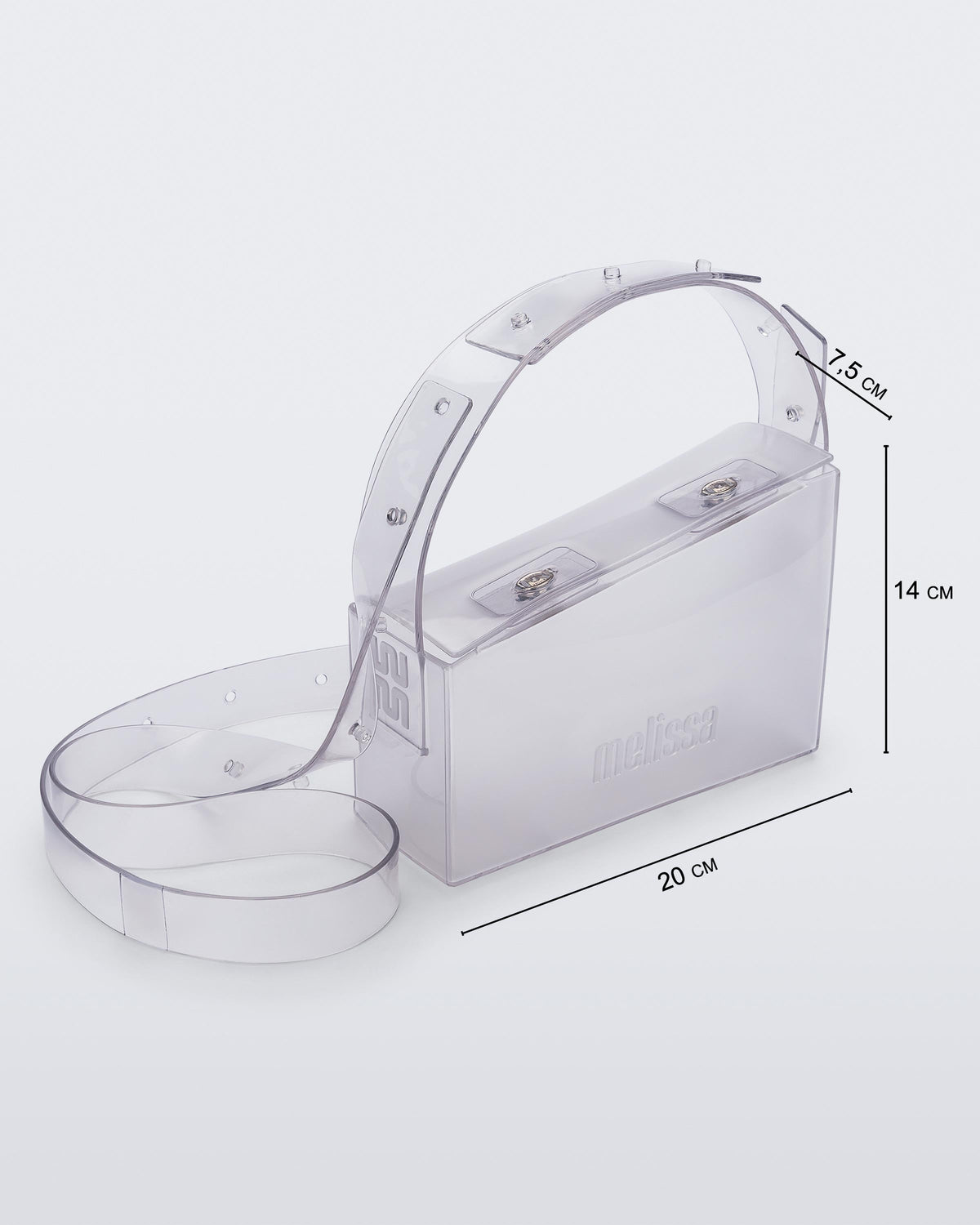 Angled view of a clear Clear Bag with strap and dimensions 20cm x 7.5cm x 14cm