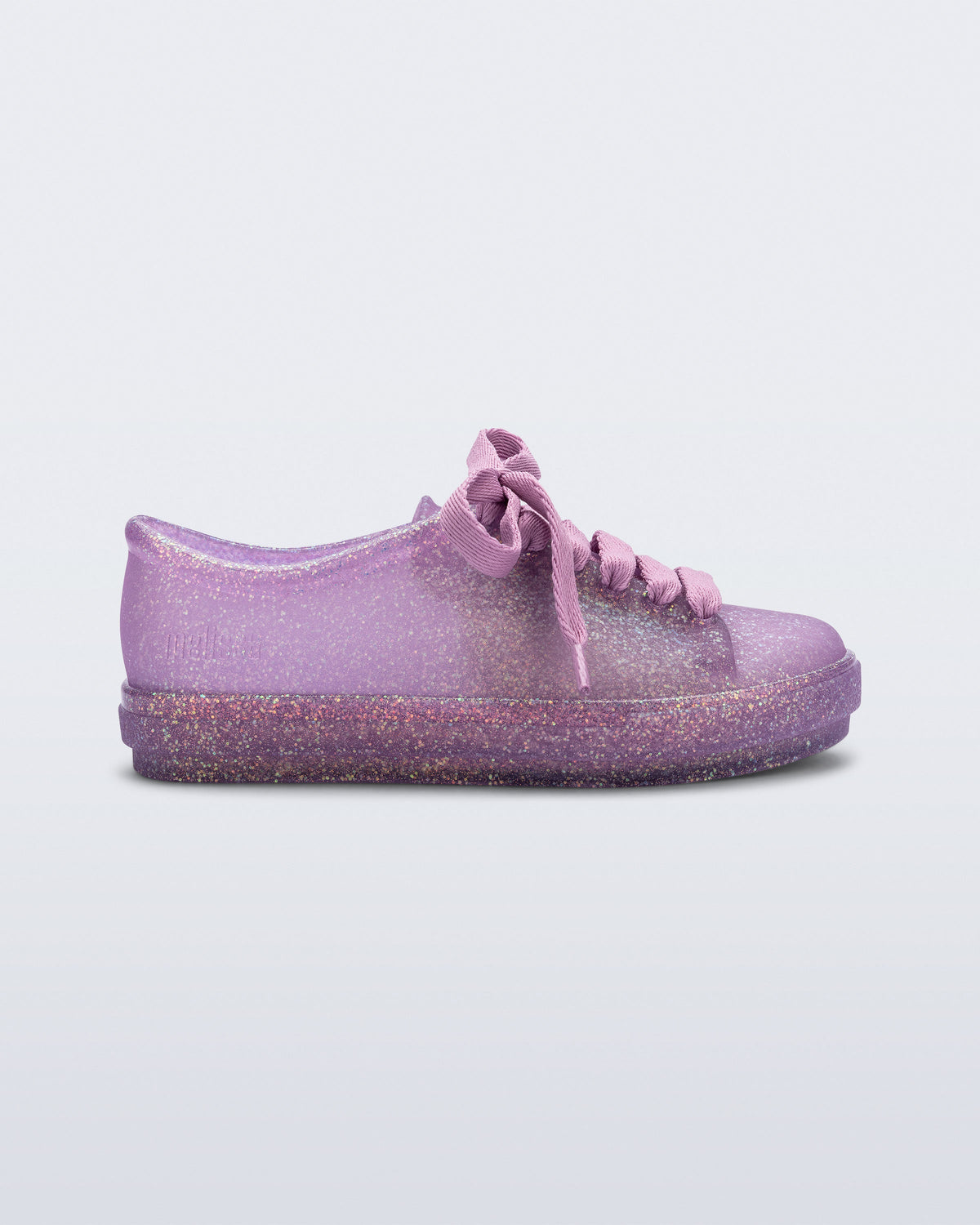 Side view of a glitter lilac kids Hip Sneaker with lilac laces