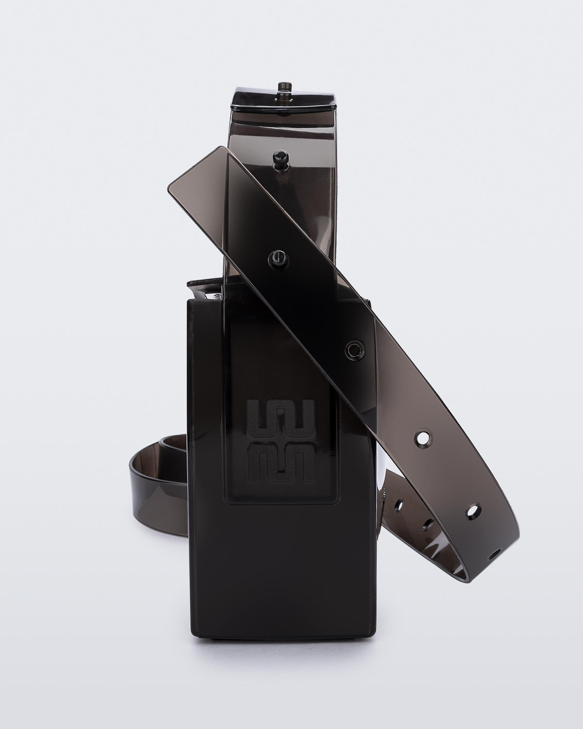 Side view of a black Clear Bag with strap