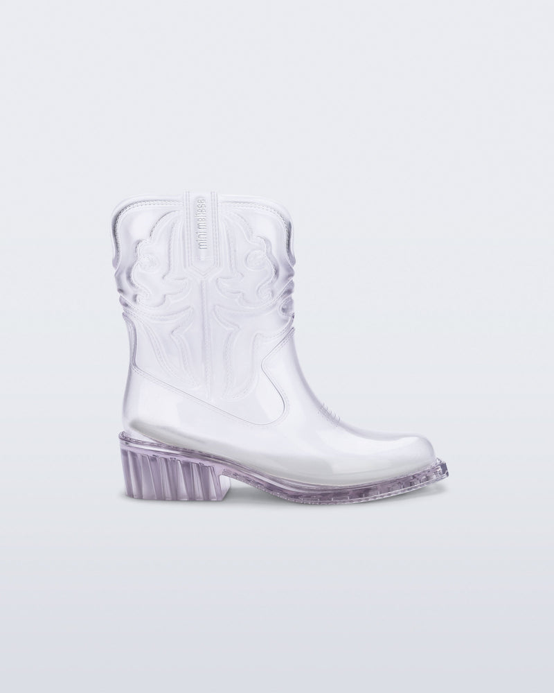Side view of a clear Texas kids boot