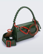 Angled view of an dark green Olga Bag + Alexandre Pavao with short strap fabric long strap