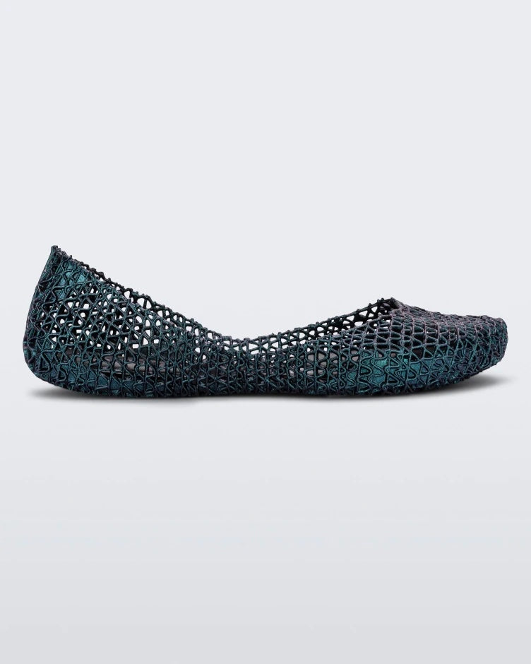 Side view of blue Melissa Campana ballet flats.