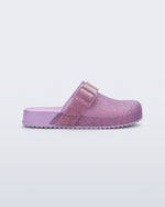 Side view of a glitter lilac Cozy Clog for kids
