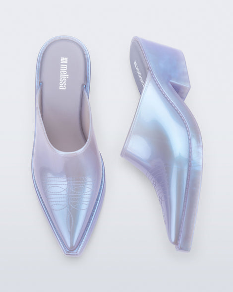 Side and top view of a pair of pearly blue Texas Mule heels