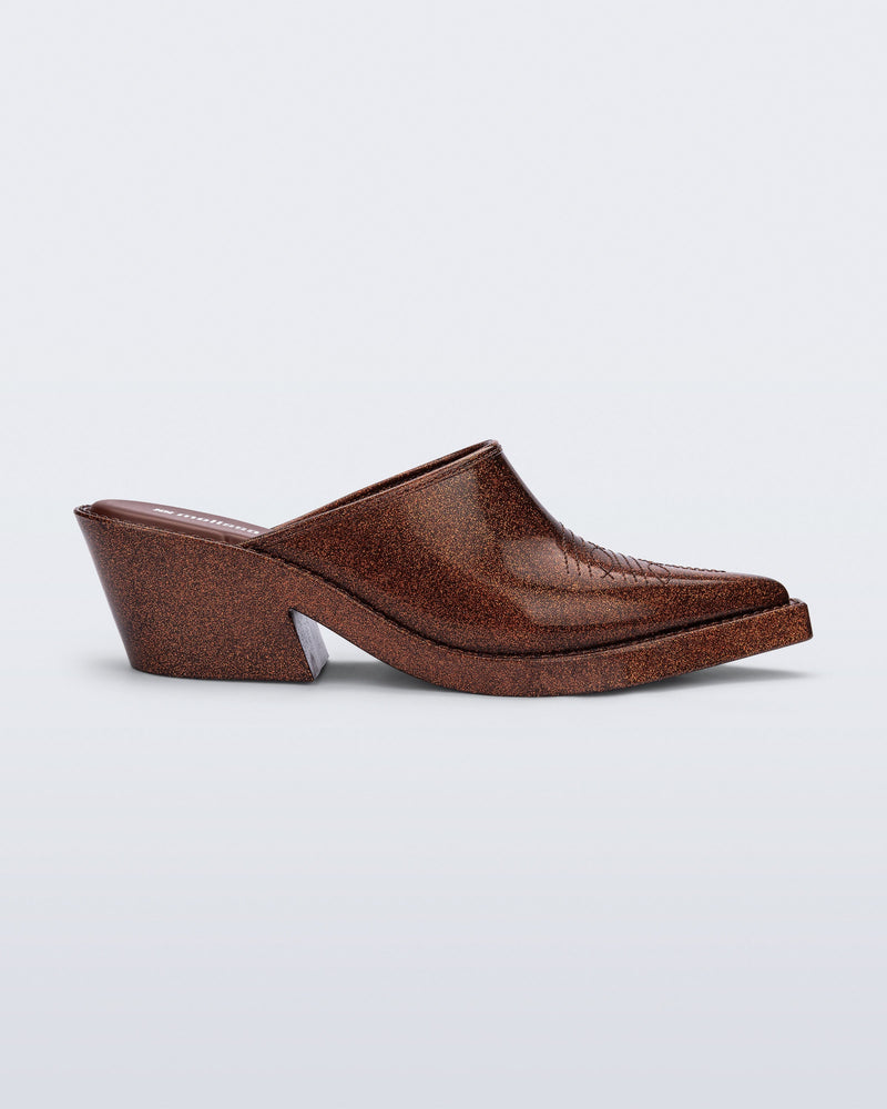 Side view of a bronze glitter Texas Mule heel