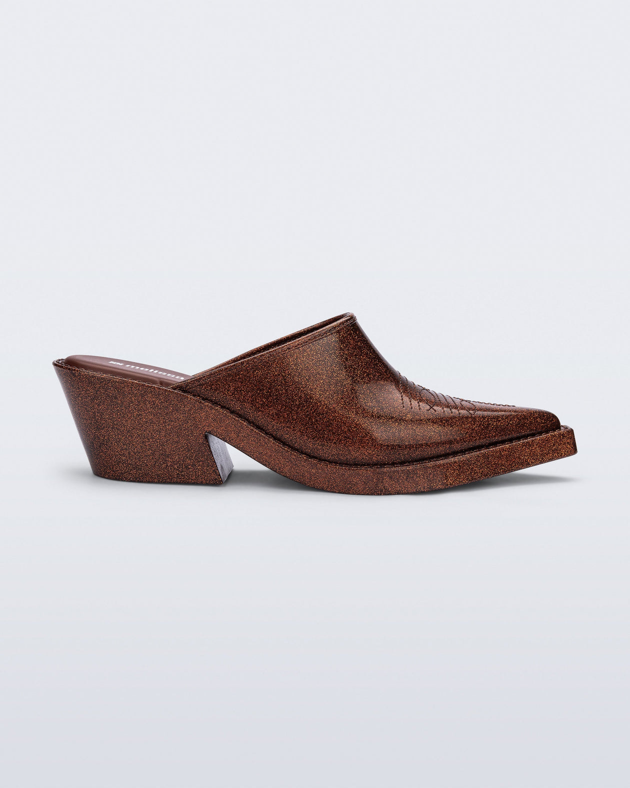 Side view of a bronze glitter Texas Mule heel