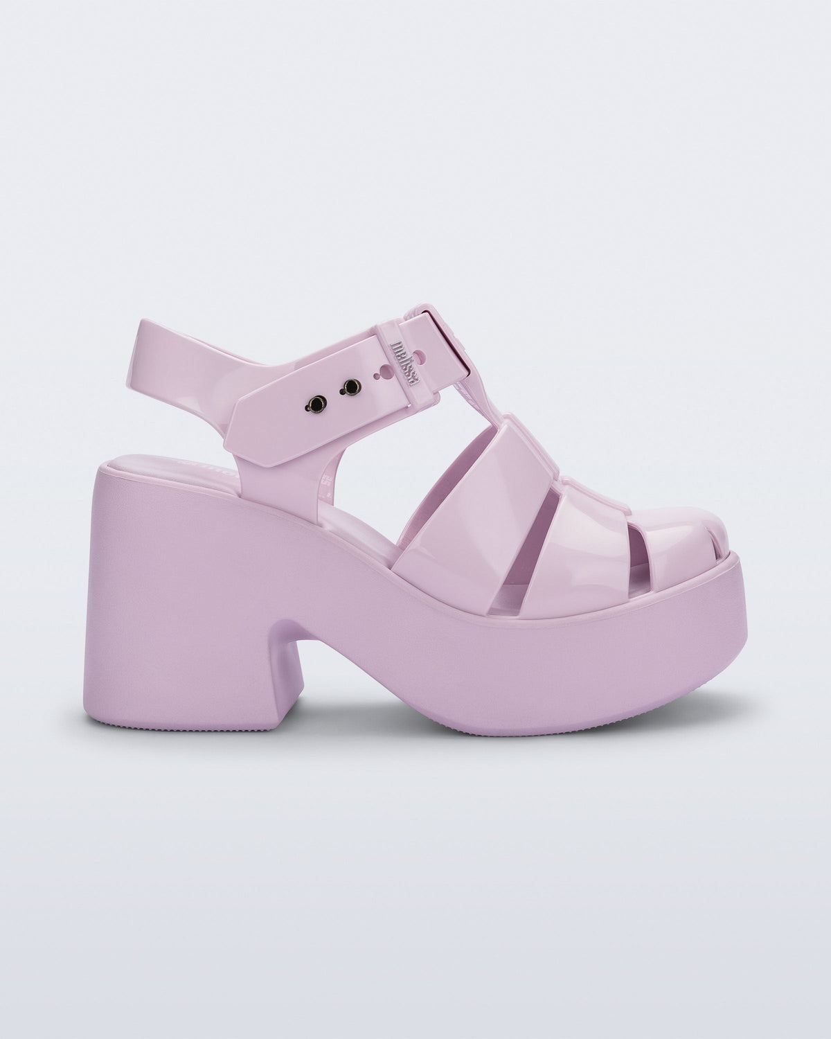 Side view of a pink Lulu platform heel fisherman sandal