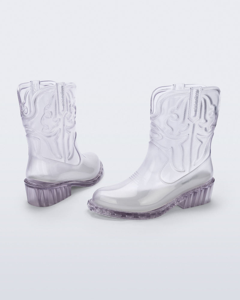 Back and side view of a pair of clear Texas kids boots