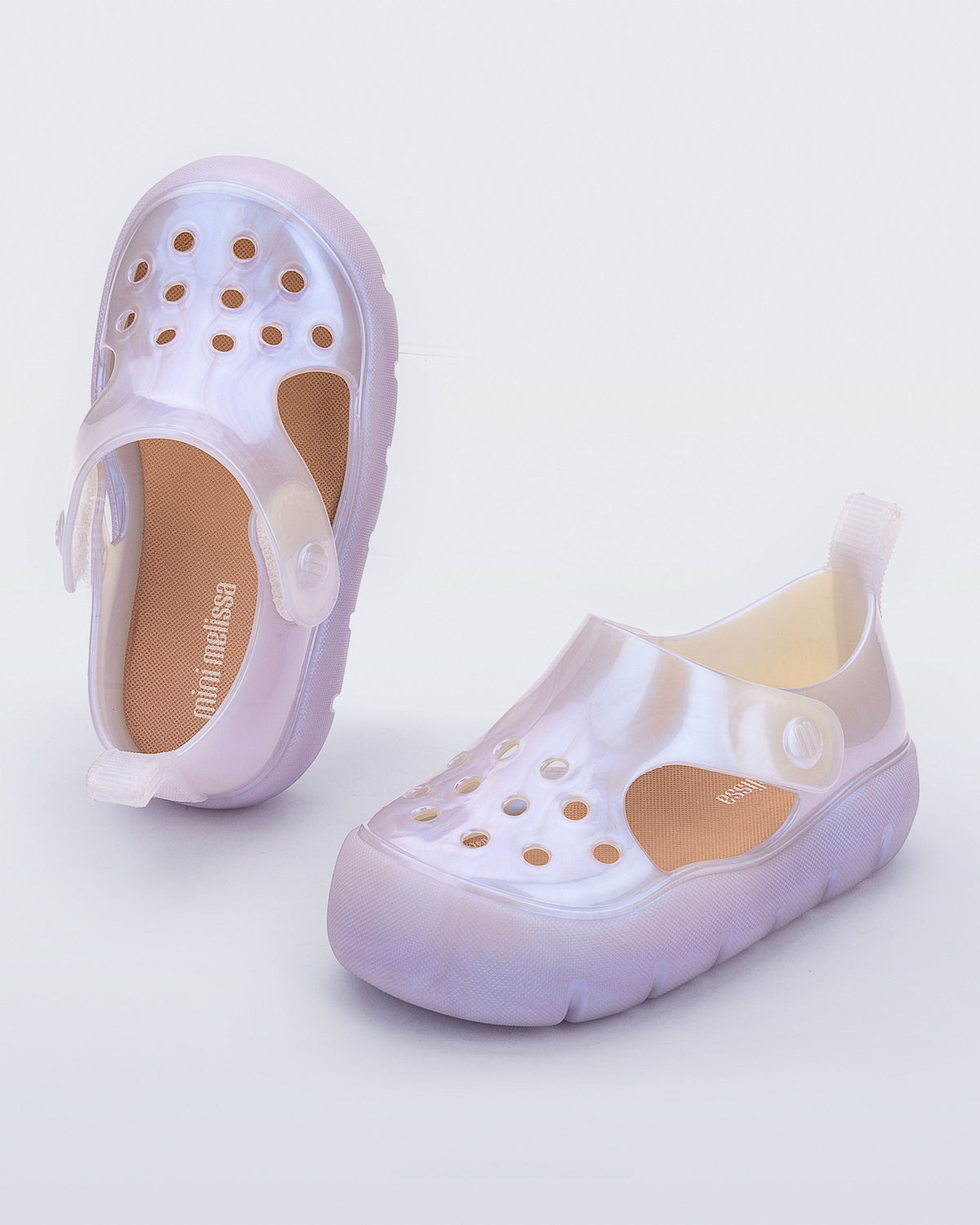 Top and angled view of a pair of pearly blue Bowie baby sandals.
