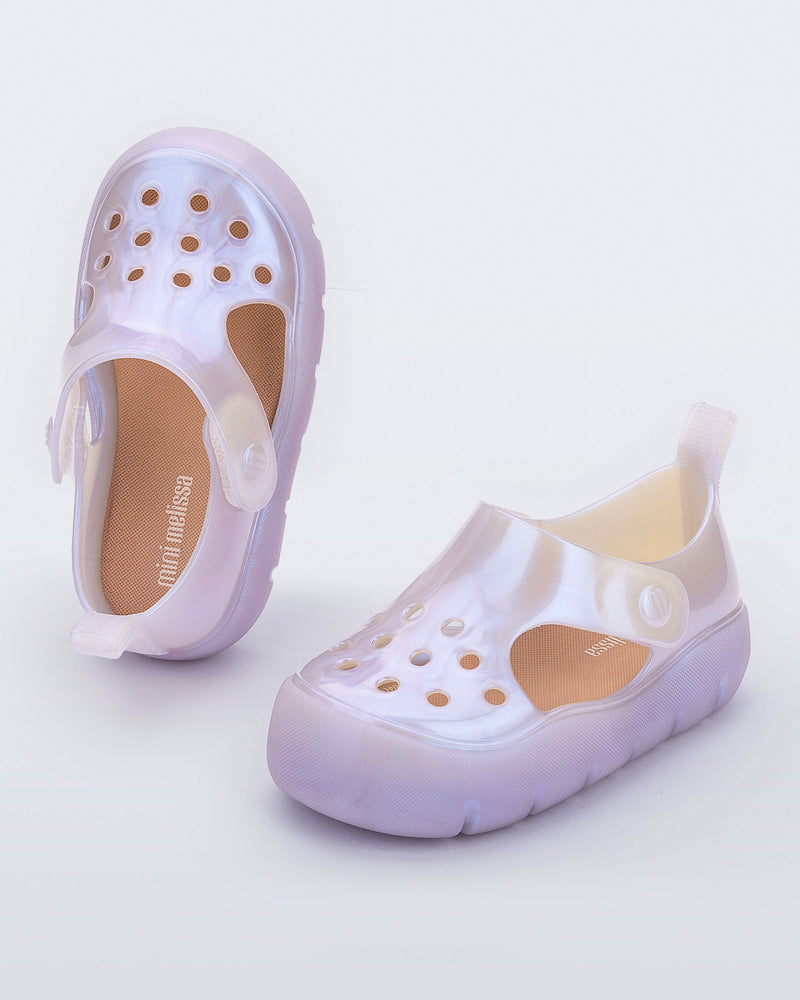 Top and angled view of a pair of pearly blue Bowie baby sandals.
