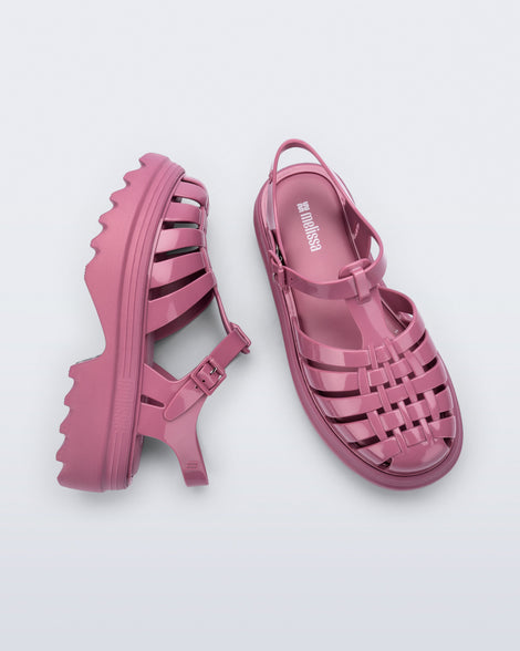 Side and top view of a pair of lilac Possession Platform II fisherman sandals
