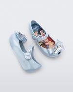 Angled and side view of a pair of pearly blue baby Ultragirl Princess flats
