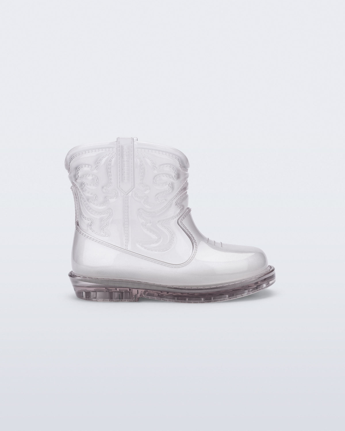 Side view of a clear Texas baby boot