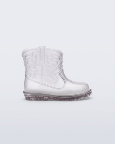 Side view of a clear Texas baby boot