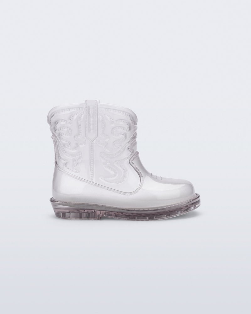 Side view of a clear Texas baby boot