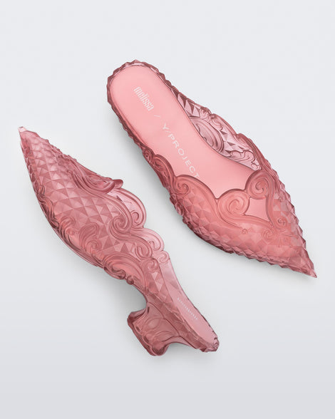 Top and angled view of a pink Court Shoe + Y/Project mule kid heels