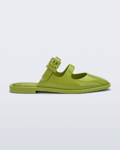 Side view of a green Anastasia mule slide with upper straps