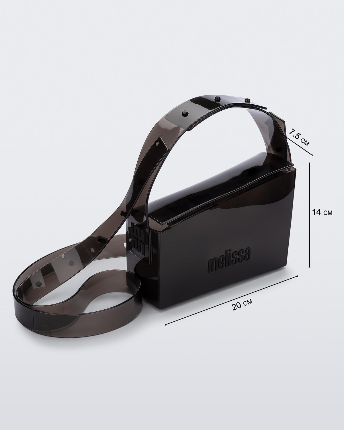 Angled view of a black Clear Bag with strap and dimensions 20cm x 7.5cm x 14cm
