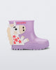 Side view of a lilac Welly Wonderland baby boot with white pony on side