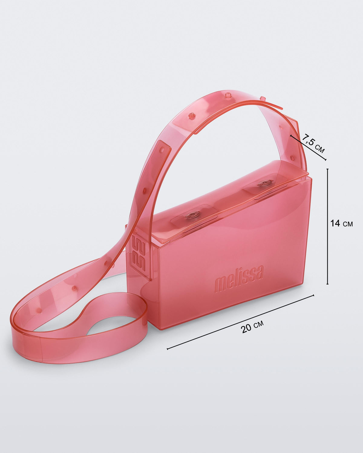 Angled view of a clear pink Clear Bag with strap and dimensions 20cm x 7.5cm x 14cm