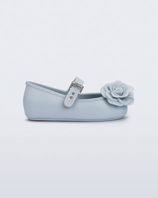 Side view of a blue Soft Ballerina baby flat with blue flowers