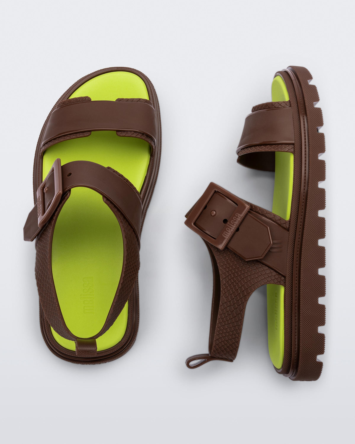 Top and side view of a pair of brown Connection Papete sandals