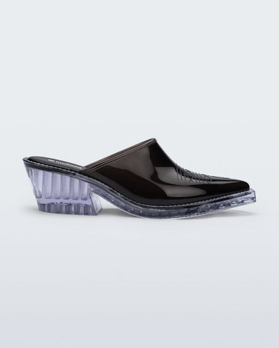 Side view of a black with clear heel Texas Mule heel