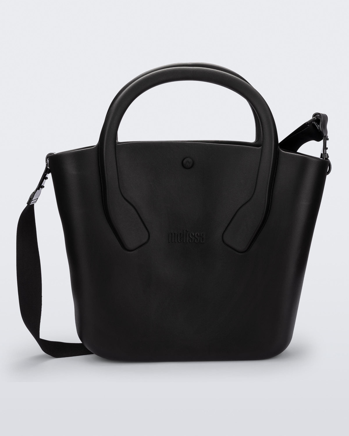 Front view of a black Free Big Bag with handles and a strap