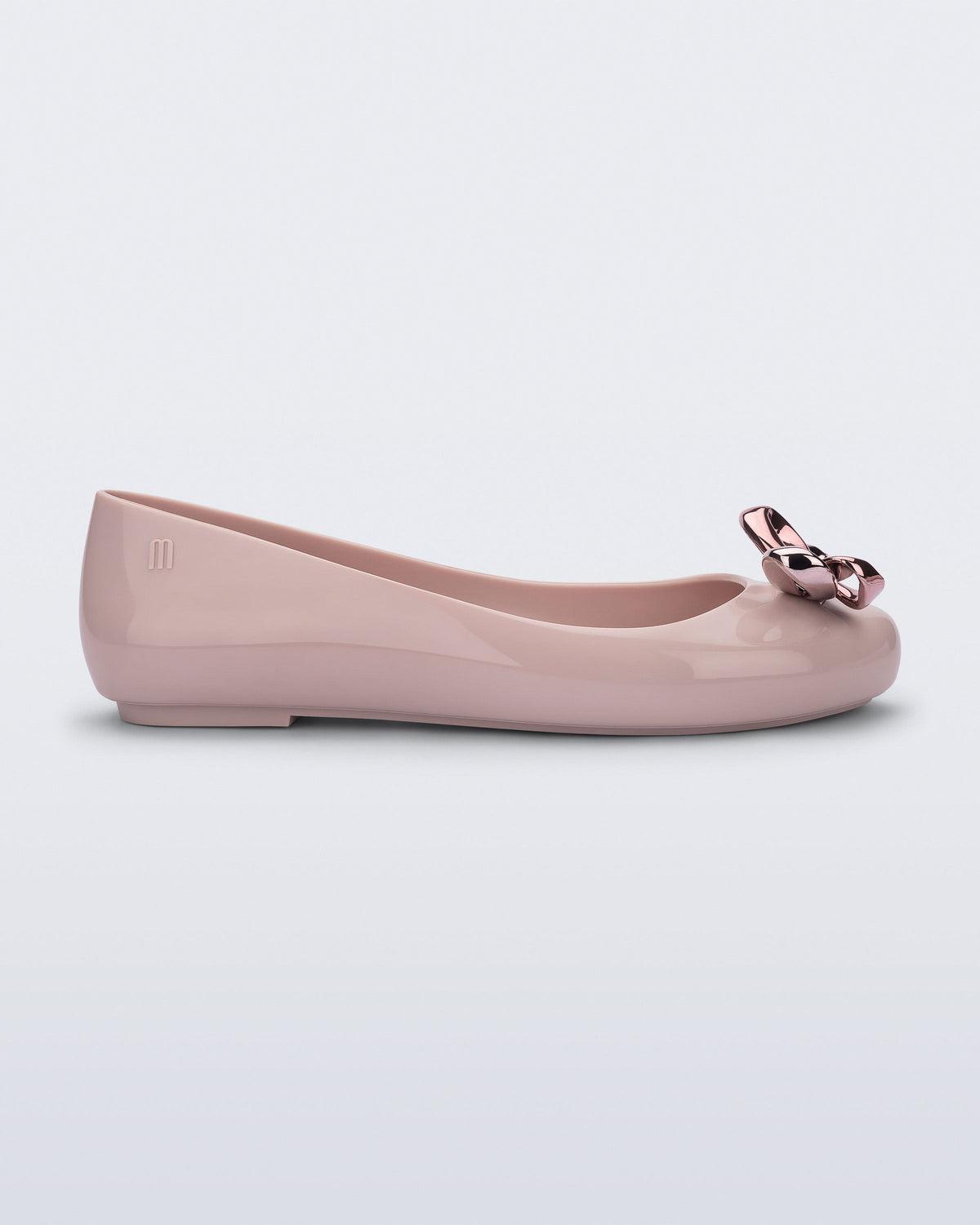 Side view of a pink Sweet Love Glam ballerina flat with pink chrome bow