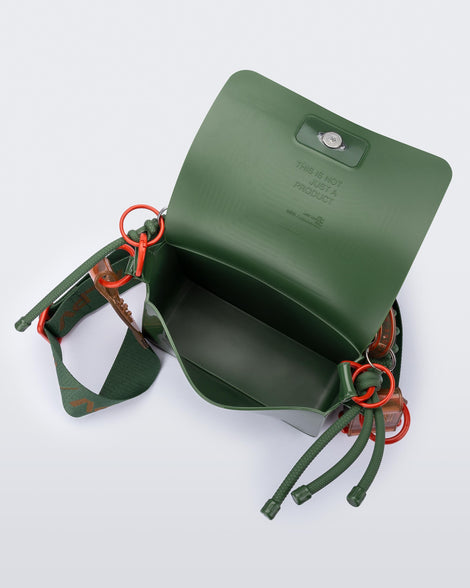Top view of an dark green Olga Bag + Alexandre Pavao with short strap fabric long  strap