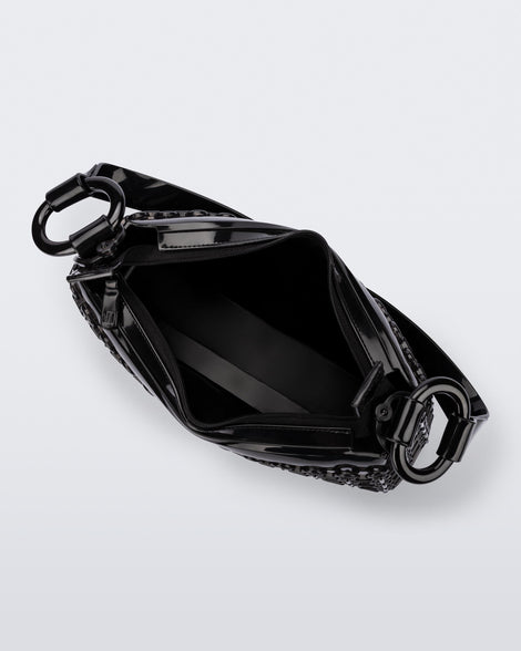 Top view of a black Hoop bag with short shoulder strap