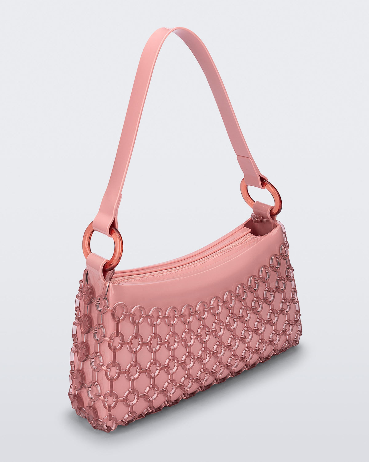 Angled view of a pink Hoop bag with short shoulder strap