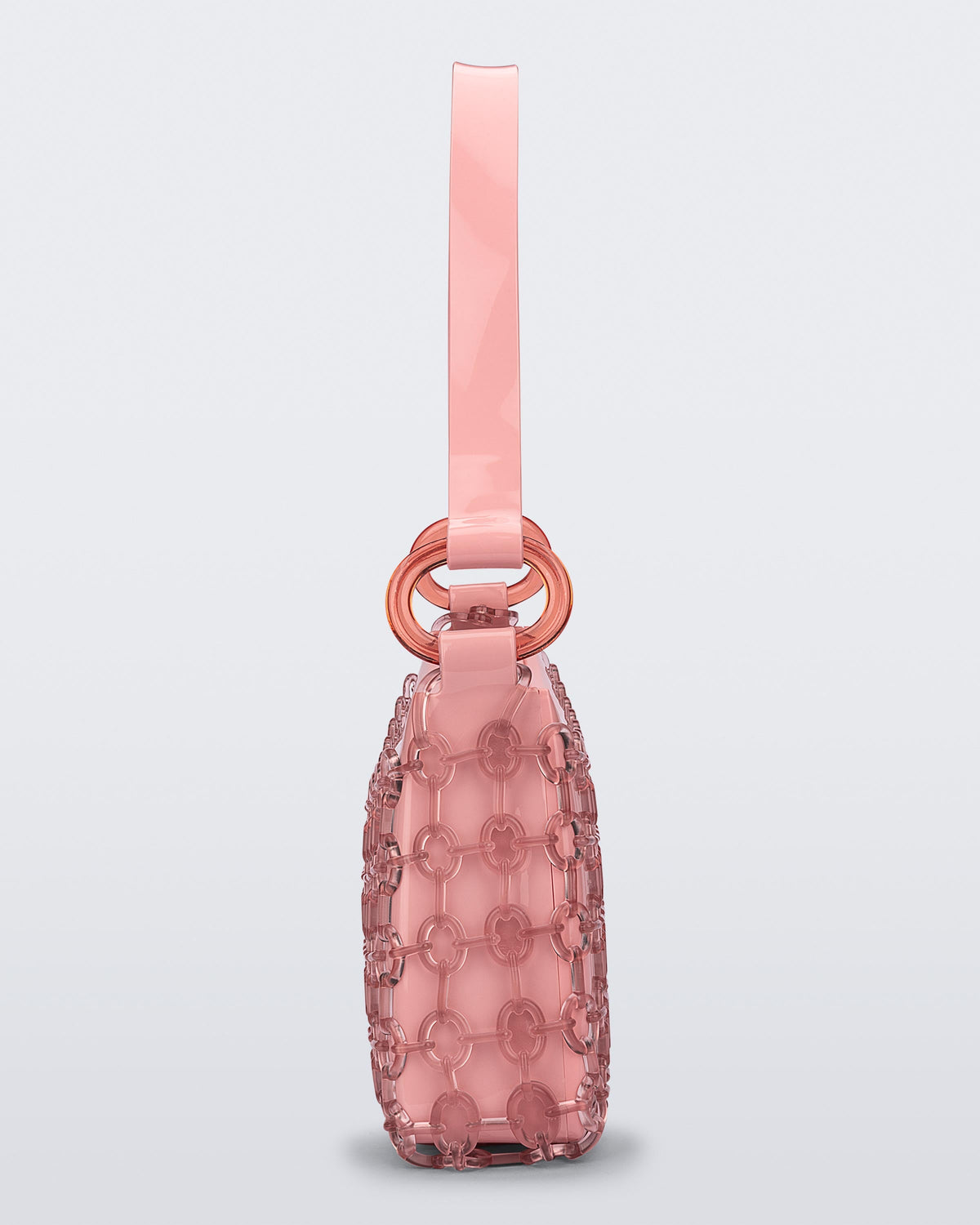 Side view of a pink Hoop bag with short shoulder strap