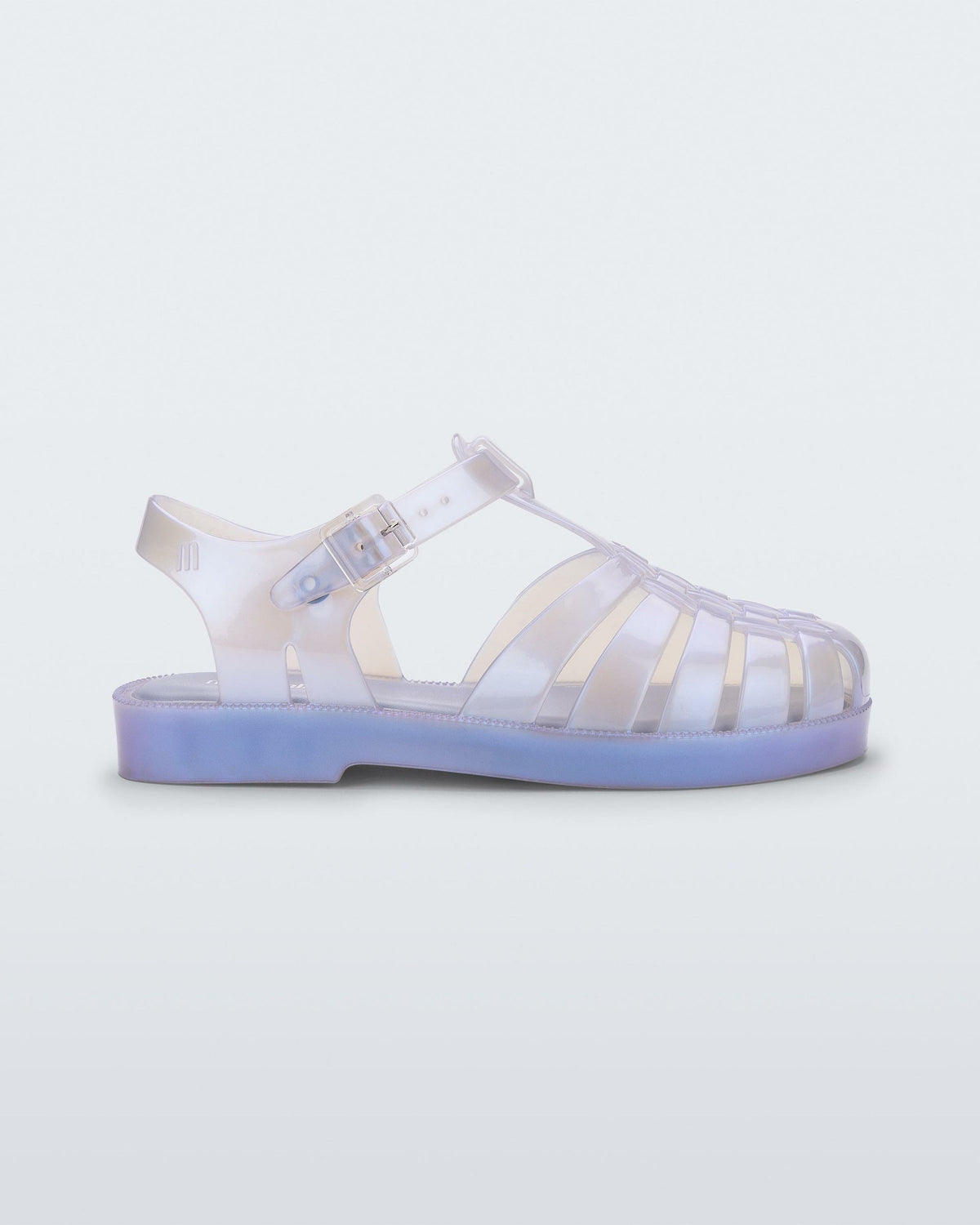 Side view of a pearly blue Mini Melissa Possession sandal with a fisherman sandal design