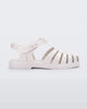Side view of a white Mini Melissa Possession sandal with several straps and a white base.