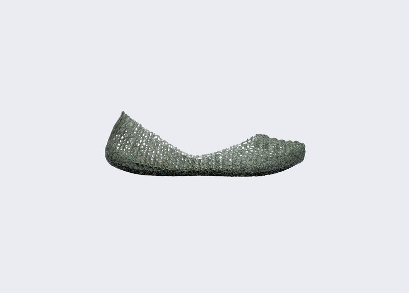 Side view of green glitter Campana ballerina flat