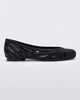 Side view of a black Melissa Femme Classy flat with a woven design.
